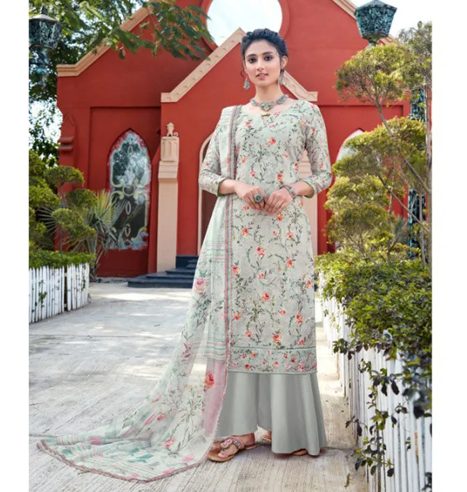 Unstitched Floral Printed Ladies Light Blue Cotton suits with dupatta