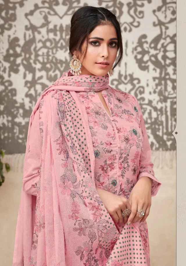 Unstitched Pink Printed Cotton Suits With Kota Work