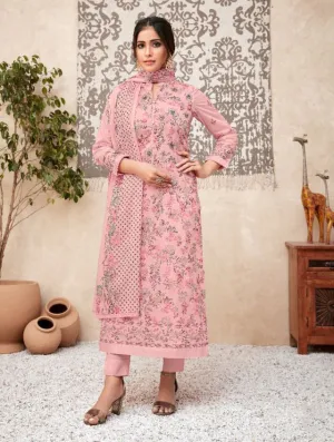 Unstitched Pink Printed Cotton Suits With Kota Work