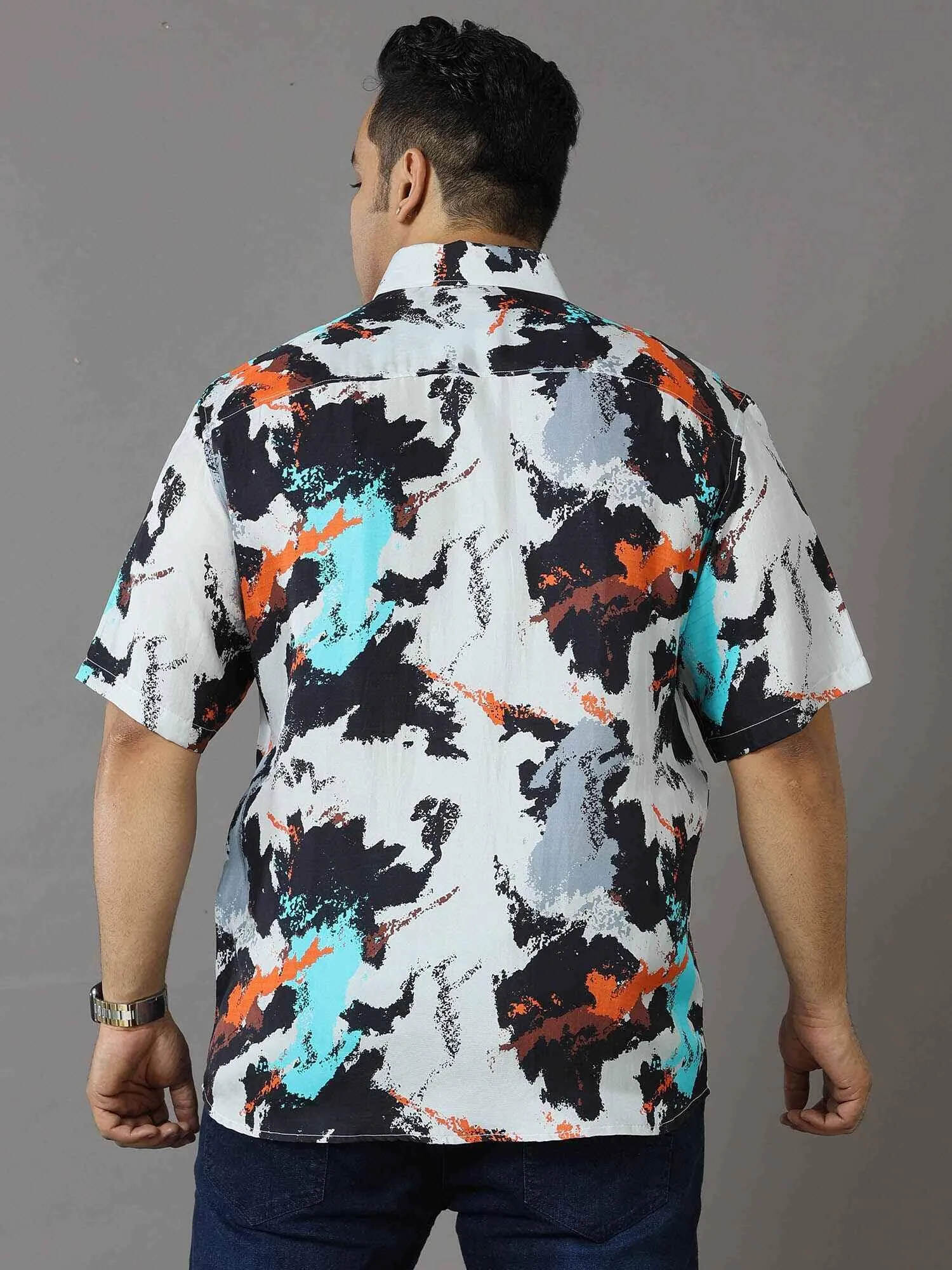 Volcano Printed Silk Half Shirt Men's Plus Size