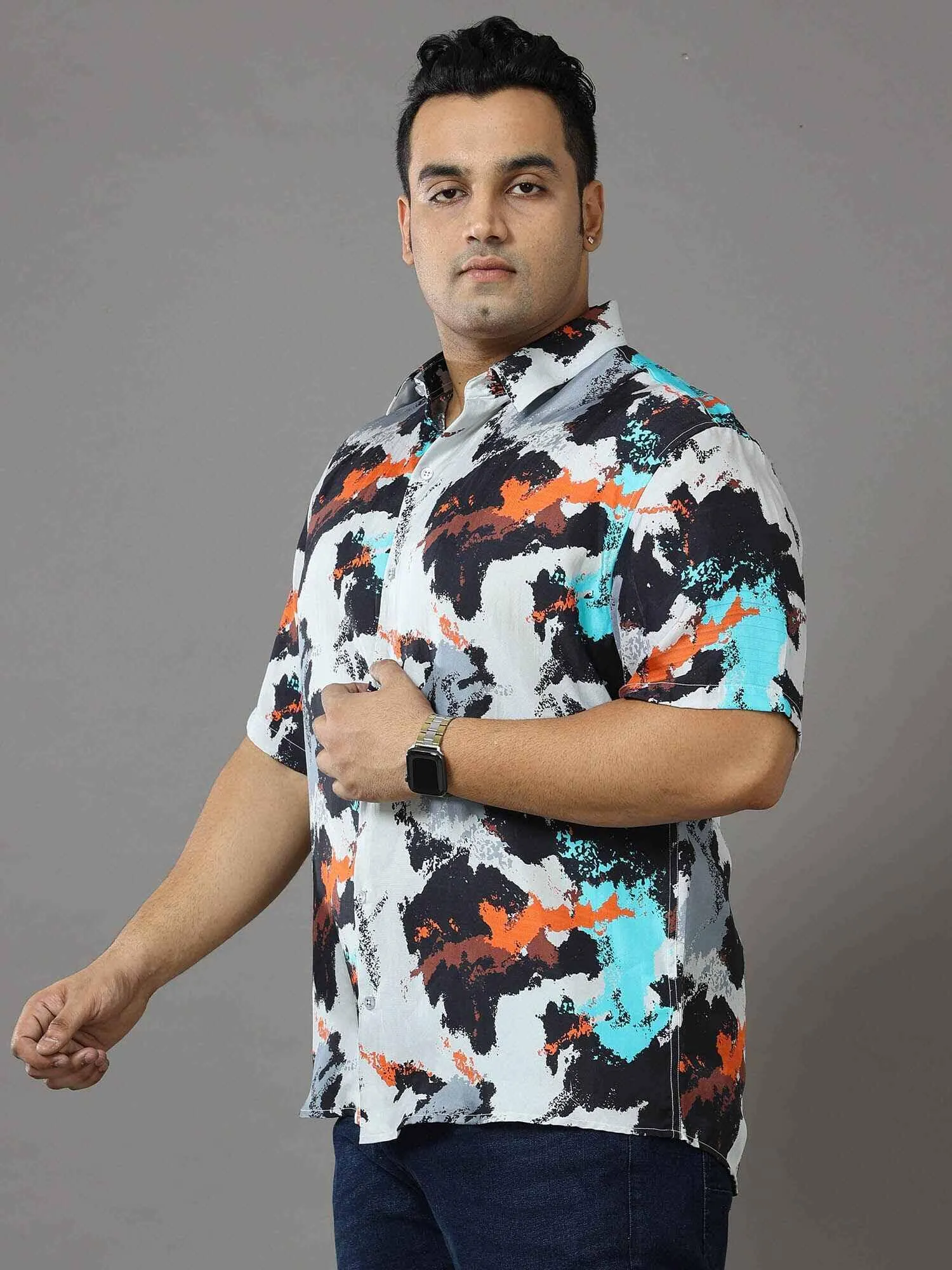 Volcano Printed Silk Half Shirt Men's Plus Size