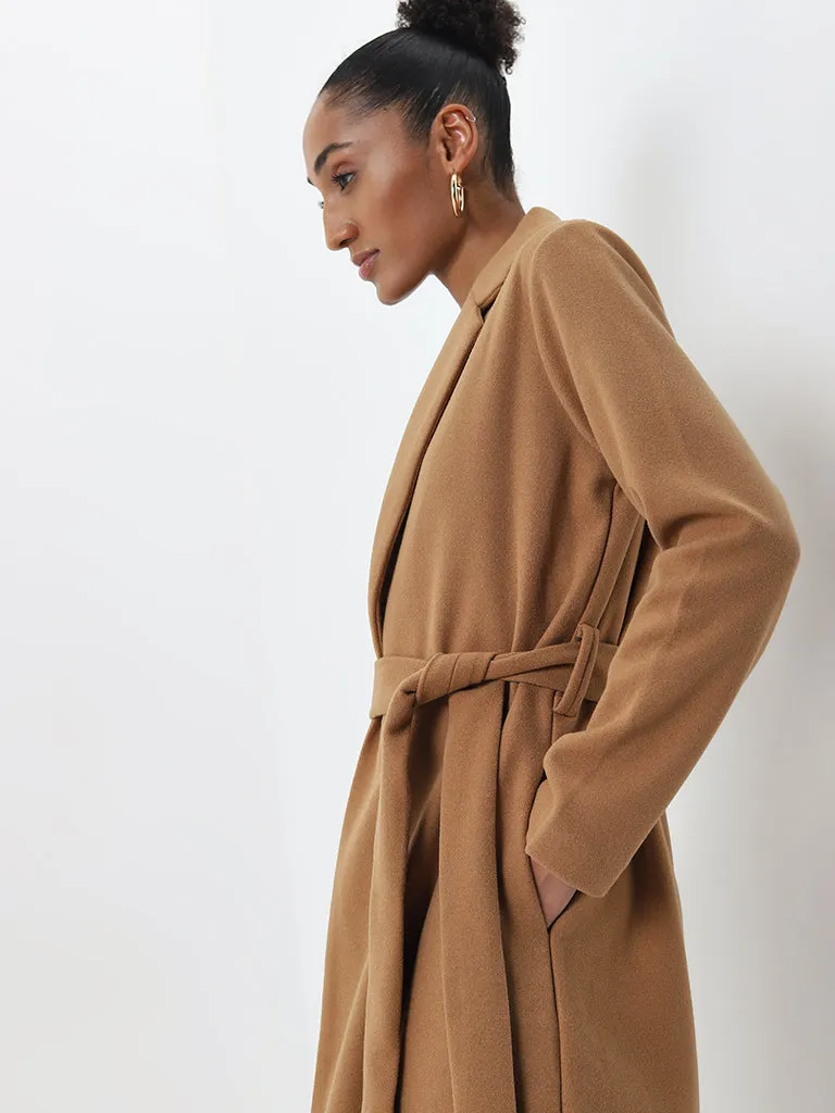 Wardrobe Tan Solid Long Coat with Belt