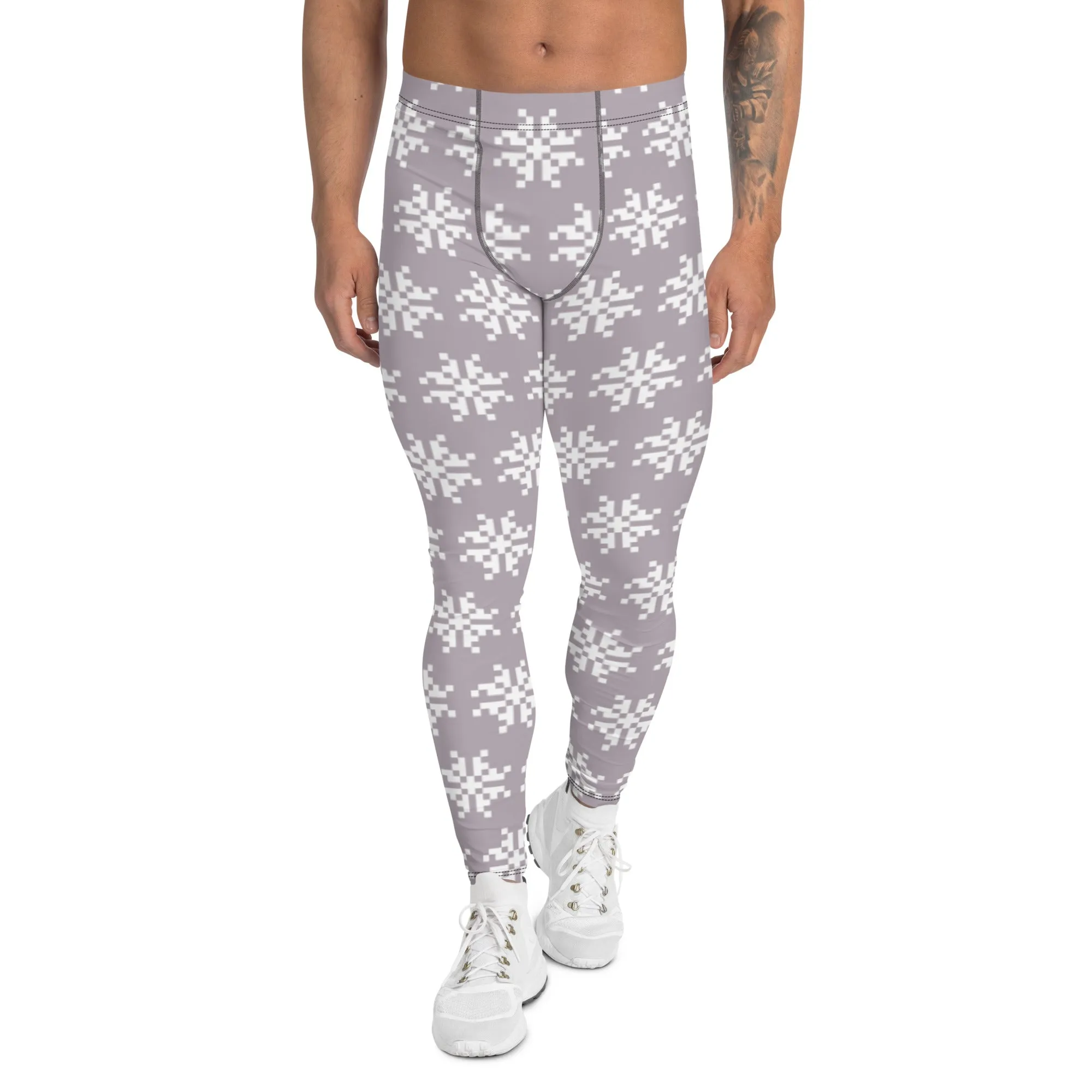 White Snowflakes Men's Leggings, Grey Snowflakes Christmas Meggings Festive Men's Tights-Made in USA/EU/MX