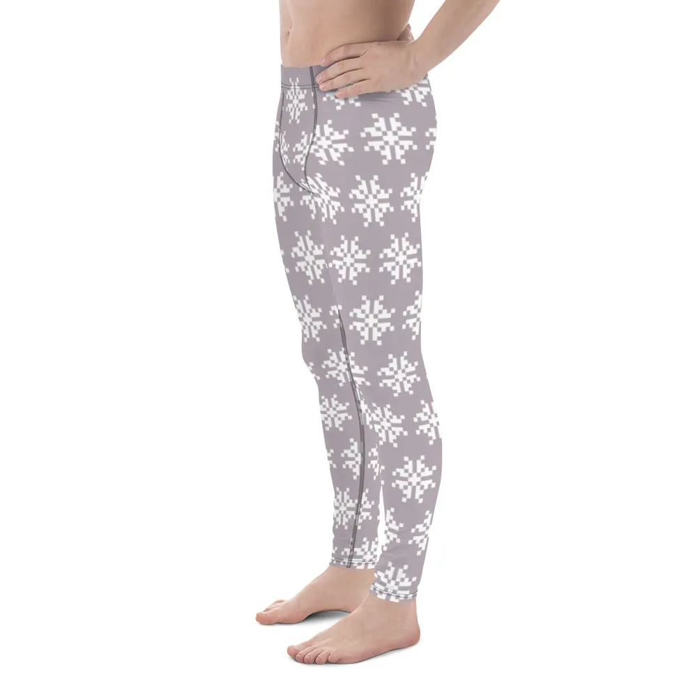 White Snowflakes Men's Leggings, Grey Snowflakes Christmas Meggings Festive Men's Tights-Made in USA/EU/MX