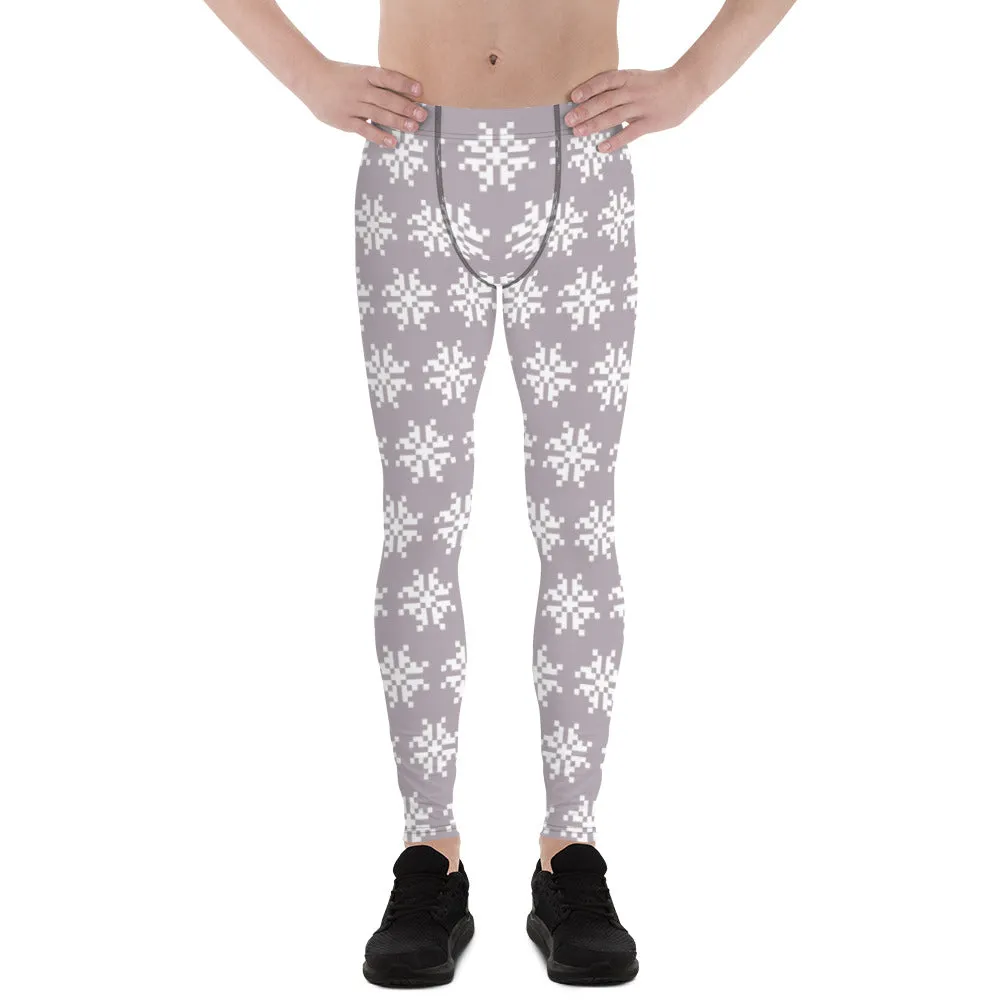 White Snowflakes Men's Leggings, Grey Snowflakes Christmas Meggings Festive Men's Tights-Made in USA/EU/MX