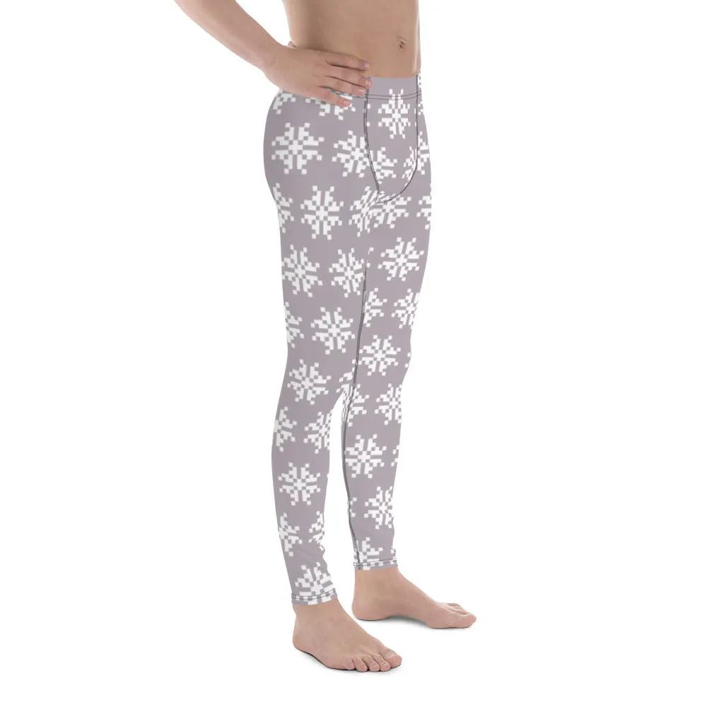 White Snowflakes Men's Leggings, Grey Snowflakes Christmas Meggings Festive Men's Tights-Made in USA/EU/MX