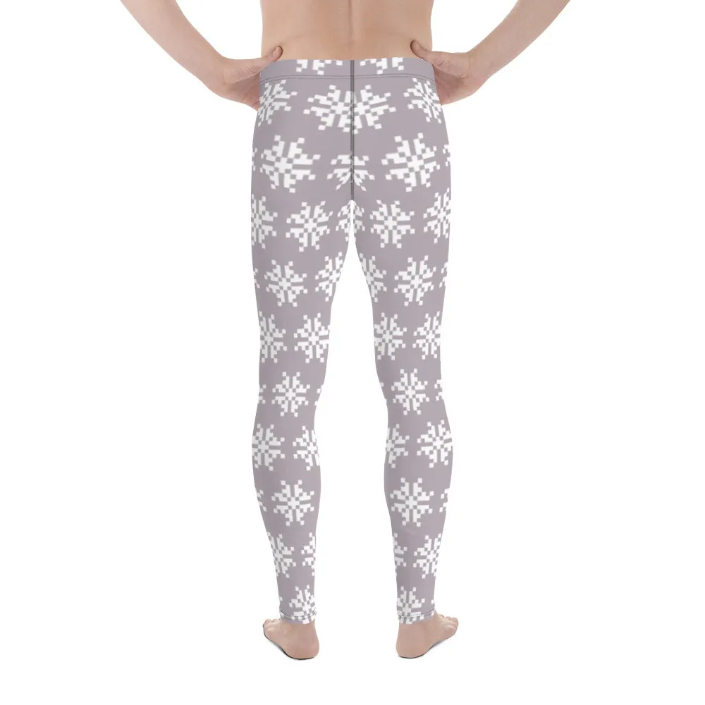 White Snowflakes Men's Leggings, Grey Snowflakes Christmas Meggings Festive Men's Tights-Made in USA/EU/MX