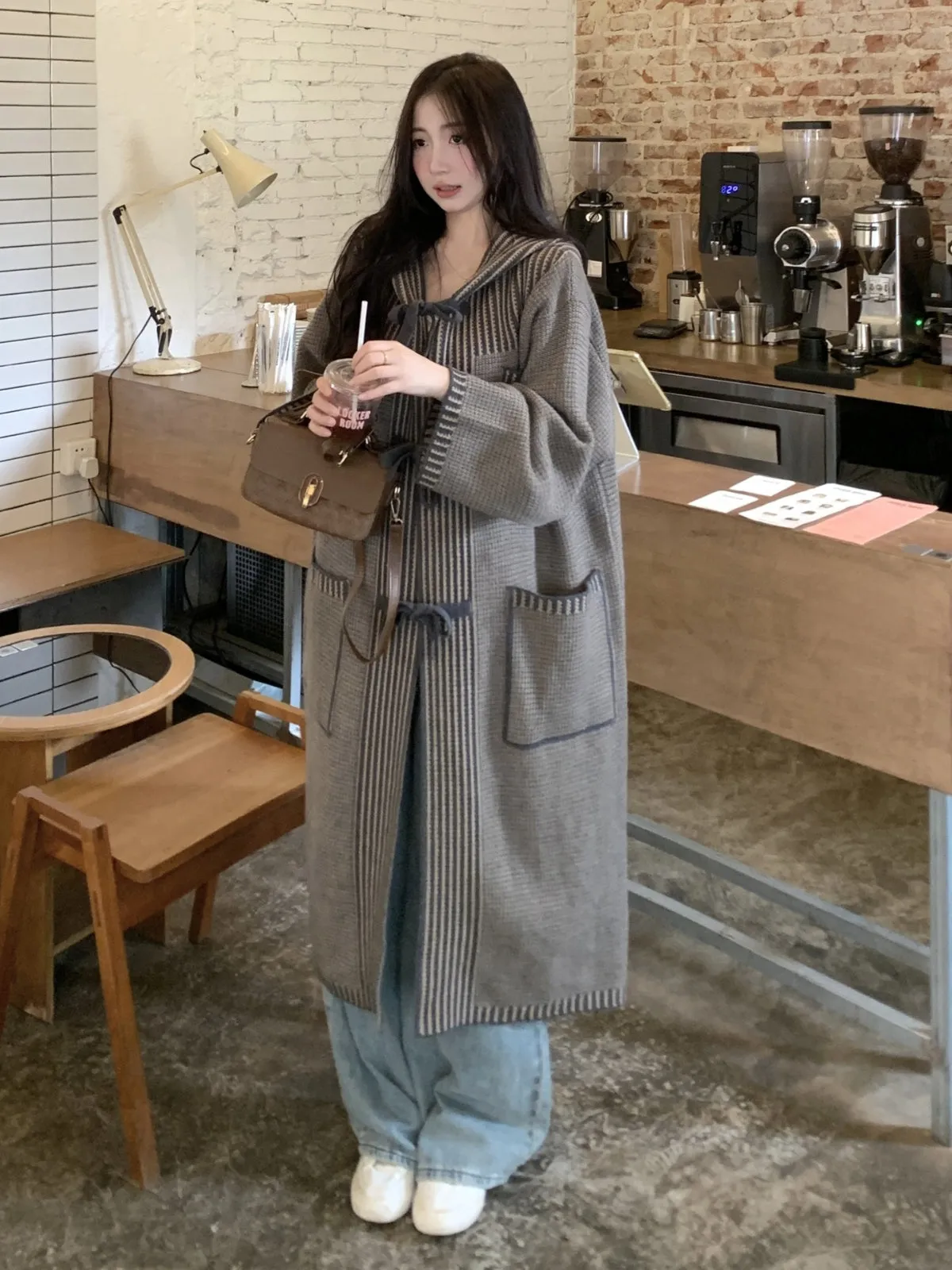 WLS Long Gray Knitted Hooded Cardigan Coat