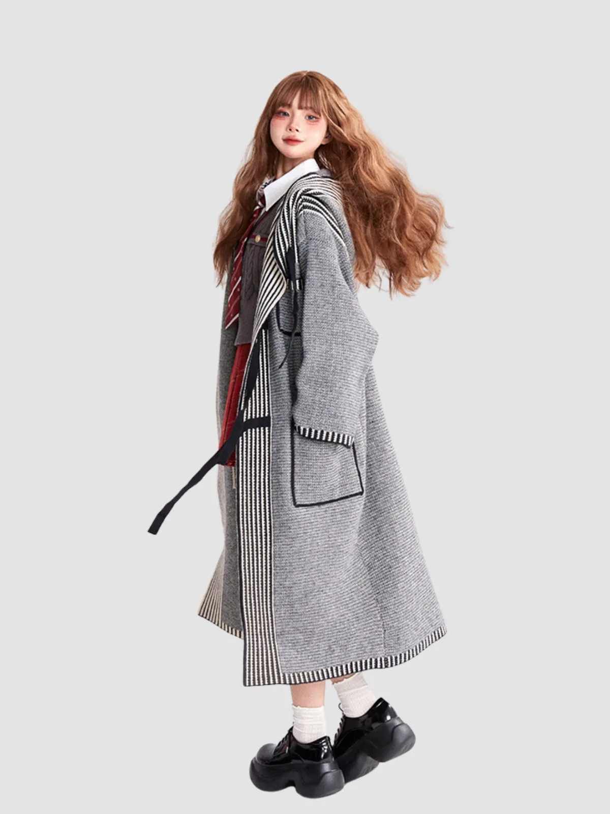 WLS Long Gray Knitted Hooded Cardigan Coat