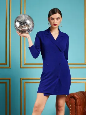 Women Royal Blue Glitter Double Breasted Blazer Dress