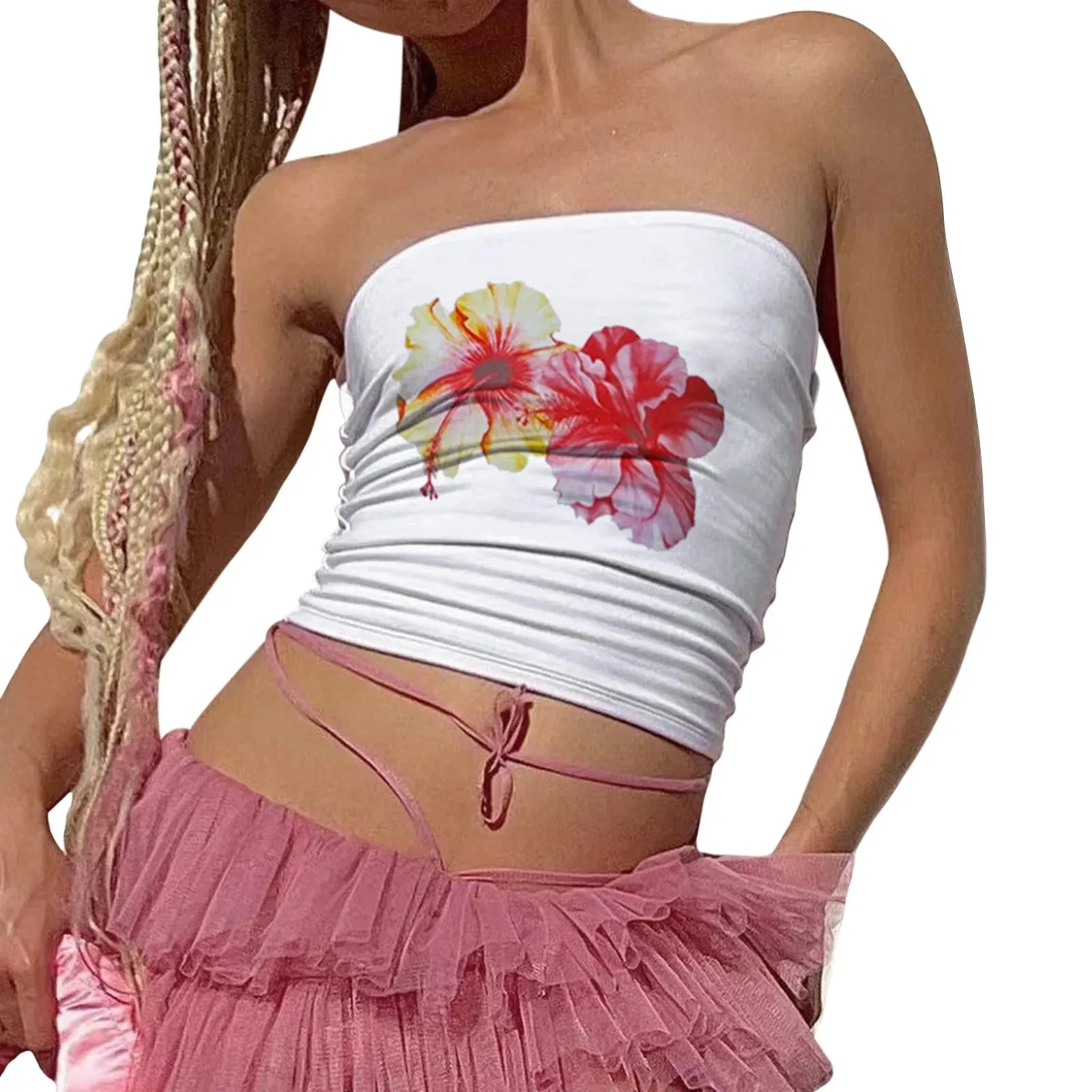 Women Tube Flower Print Boat Neck Strapless Backless Bandeau Camis Streetwear Tank Y2k Top