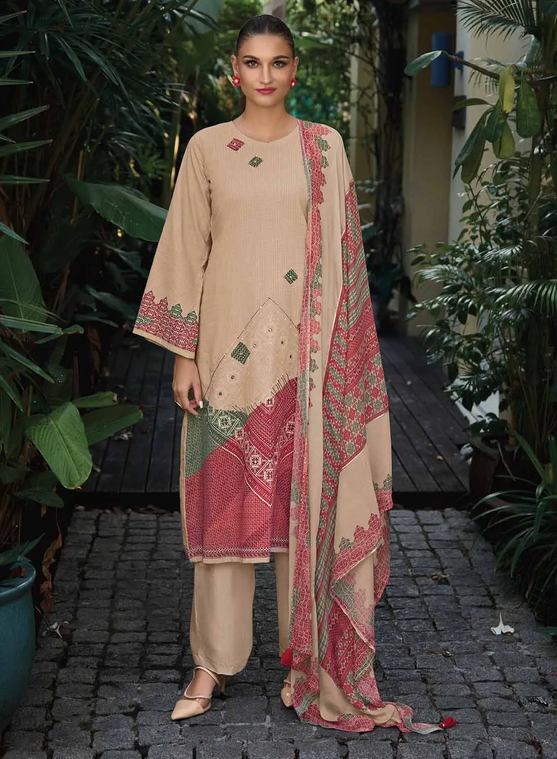 Women's Brown Unstitched Lawn Cotton Salwar Suit Material