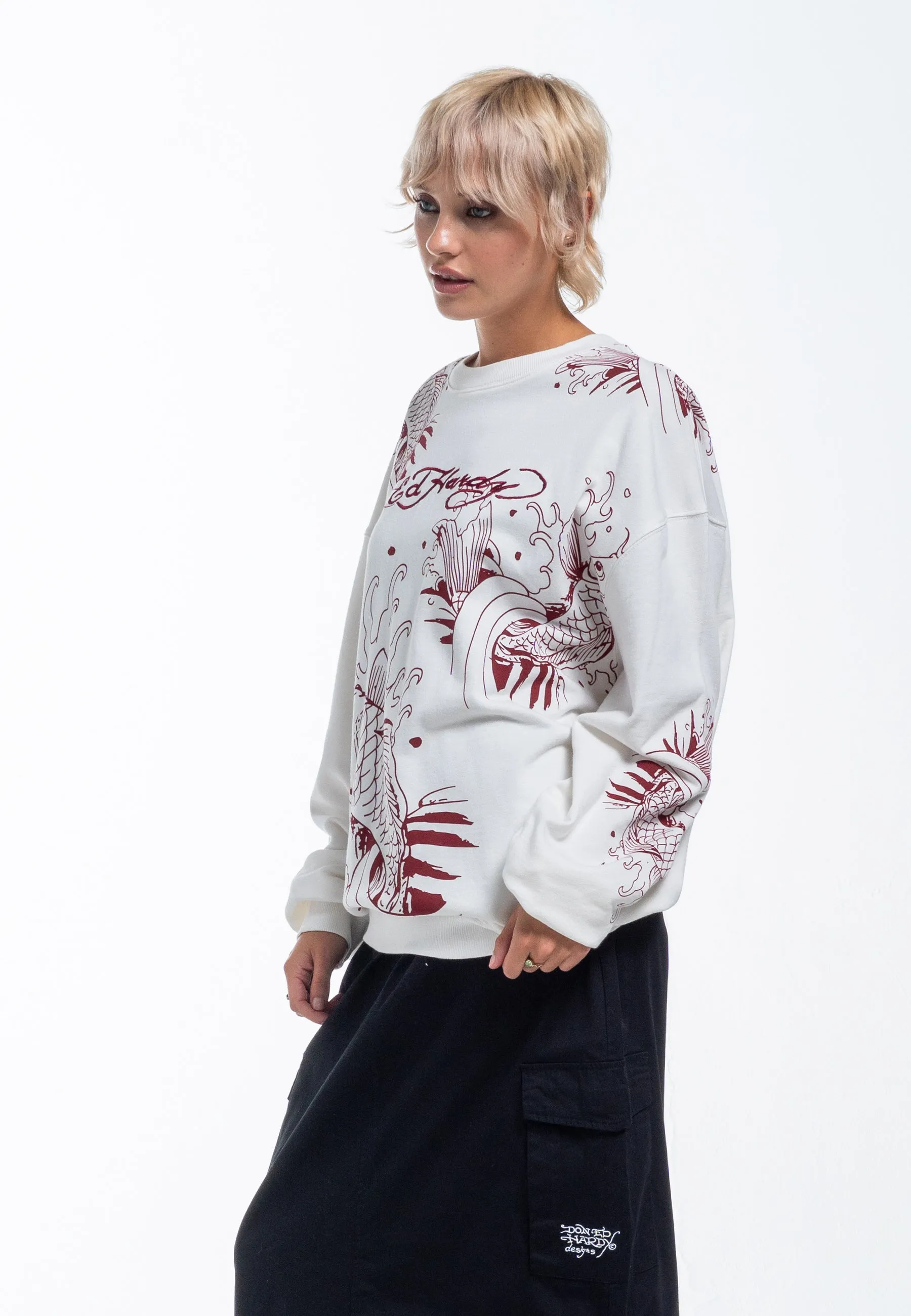 Womens Koi River Relaxed Crew Neck Sweatshirt - White