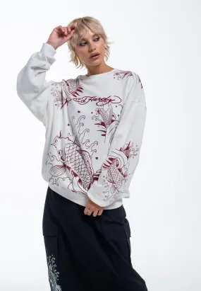 Womens Koi River Relaxed Crew Neck Sweatshirt - White