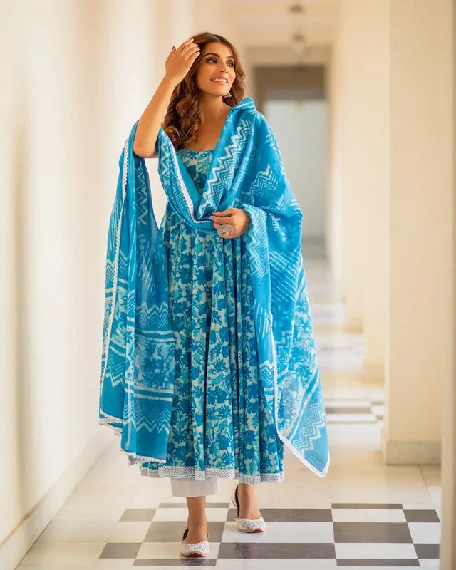 Womens Sky Blue Abstract Printed Cotton Kurta and Pant Set with Dupatta