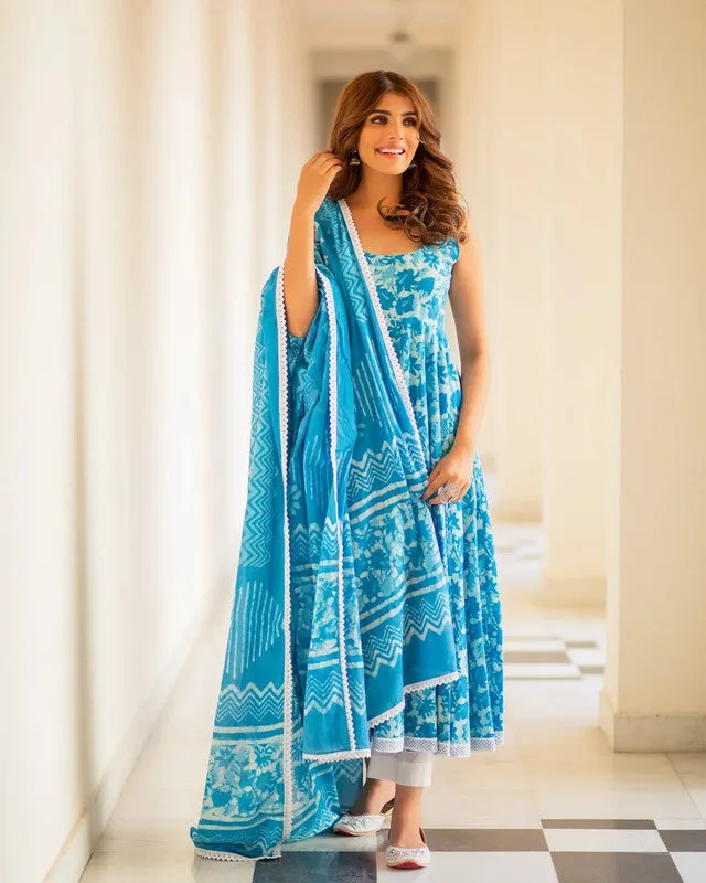 Womens Sky Blue Abstract Printed Cotton Kurta and Pant Set with Dupatta