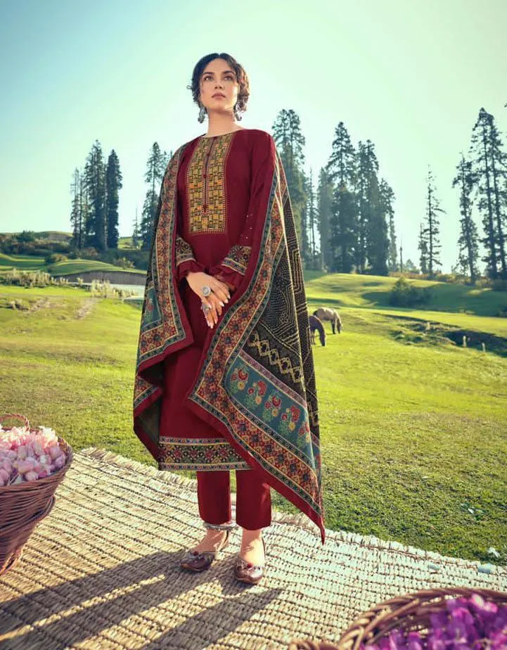 Woolen Pashmina Maroon Winter Unstitched Suits With shawl