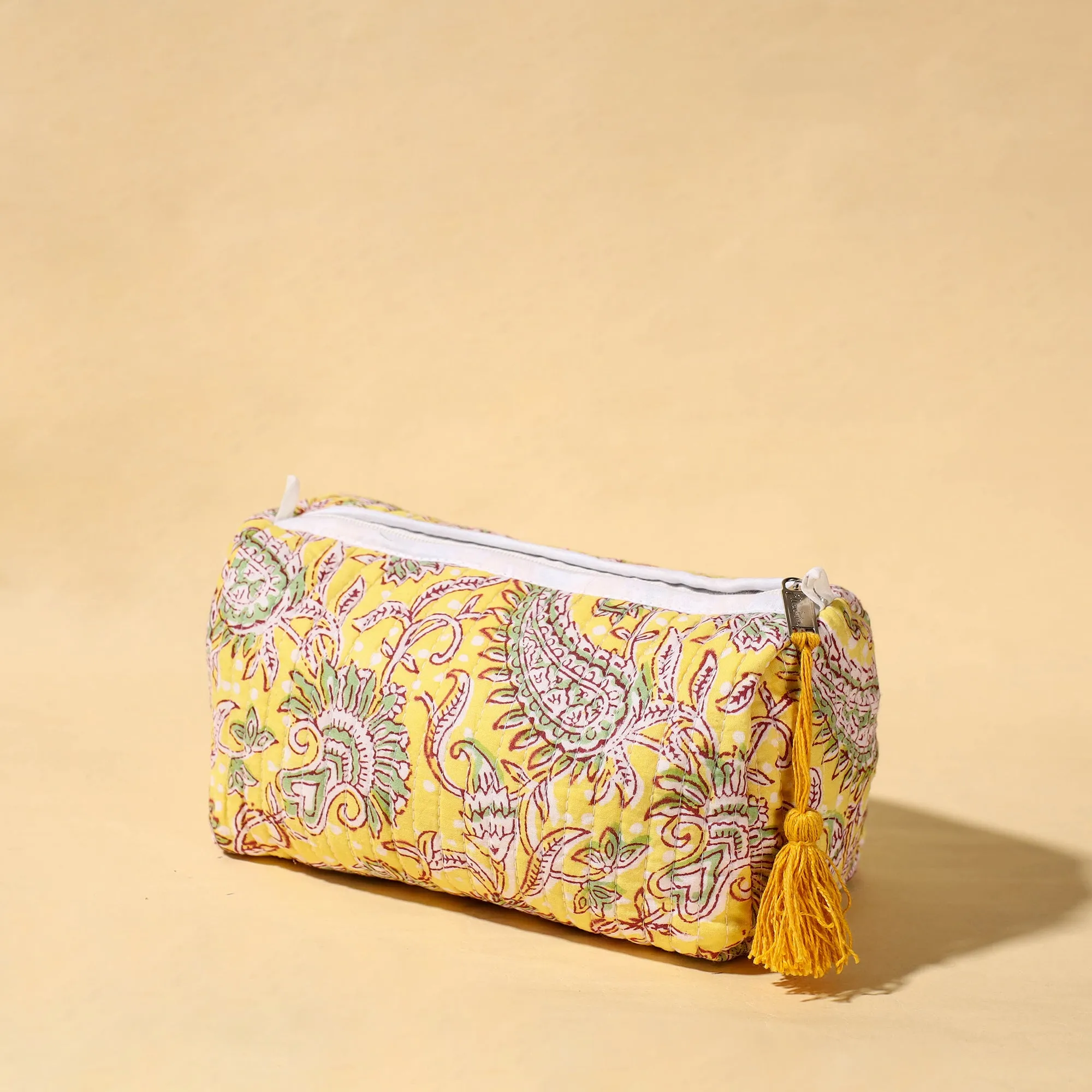 Yellow - Handmade Cotton Fabric Quilted Utility Pouch With Tassel